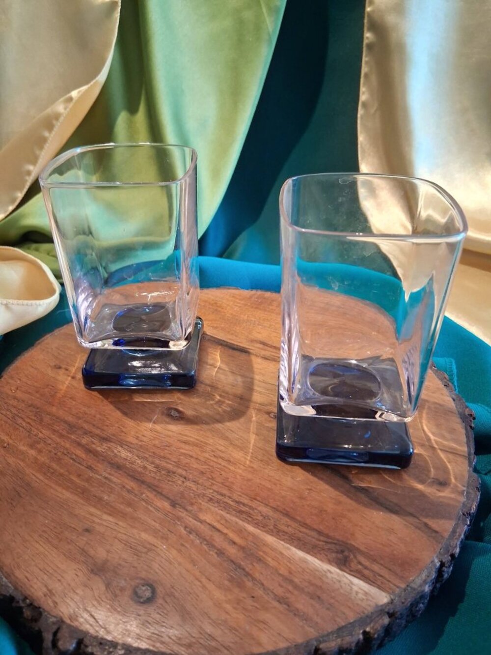 Vintage Kosta Boda Clear & Cobalt Blue Heavy Base Square Stem Glasses / Barware